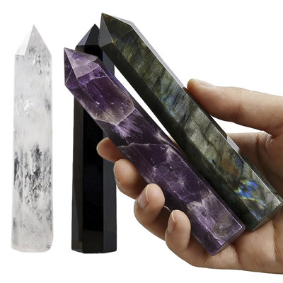  4-Piece Large 6" Crystal Pillar Set - Hand-Polished Amethyst, Labradorite, Black Obsidian & Clear Smelted Quartz Hexagonal Tower Collection