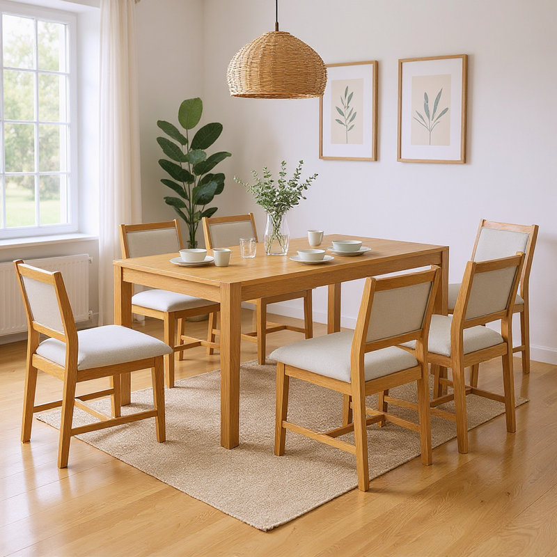 Ensemble de table de salle à manger 7 pièces rectangulaire en bois avec chaises rembourrées pour 6 personnes, Naturel