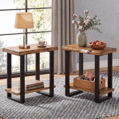 Solid Wood Side Table with Live Edge, Industrial Metal Side Table with Storage, 2-Tier Bedside Table NightStand for Bedroom, Living Room