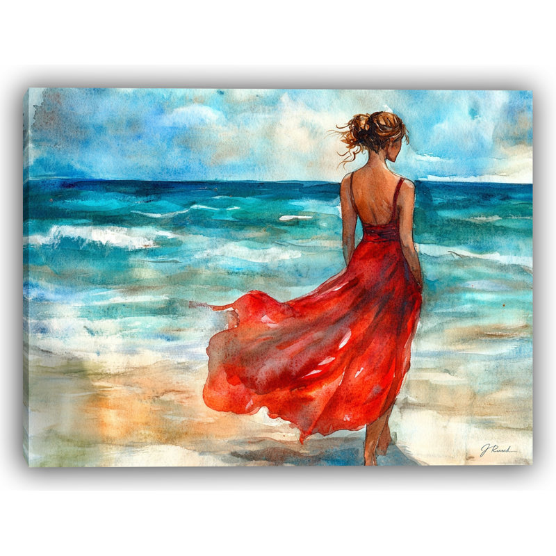 Impression sur toile Ocean Daydream in Red Dress, H 16 po x l 24 po