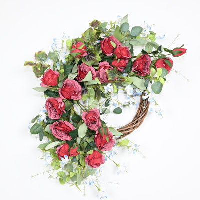 26" Artificial Farmhouse Half Ring Spring Summer Greenery Foliage Wildflower Rose Floral Wreath For Front Door Valentine's Day Wedding Party Decor