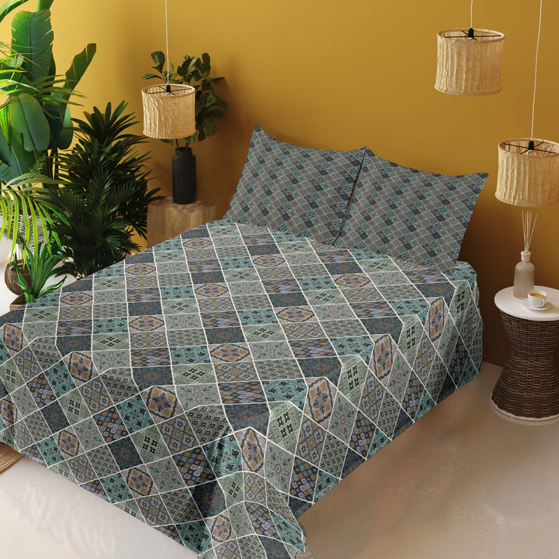 Ambesonne Ethnic Sheet Set Oriental Square Patterns Caramel Dark Tan, King Sheet Set with 2 Pillowcases