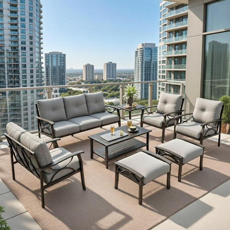 8-Piece Metal Patio Furniture Set, 9-Seat All-Weather Conversation Sofa With 4 Inches Thick Gray Cushions, Khaki Frame, Coffee Table, Side Table, End Table & Ottomans For Porch Backyard Garden
