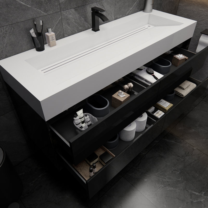 Albizu 59" Wall-Mounted Single Bathroom Vanity, Black