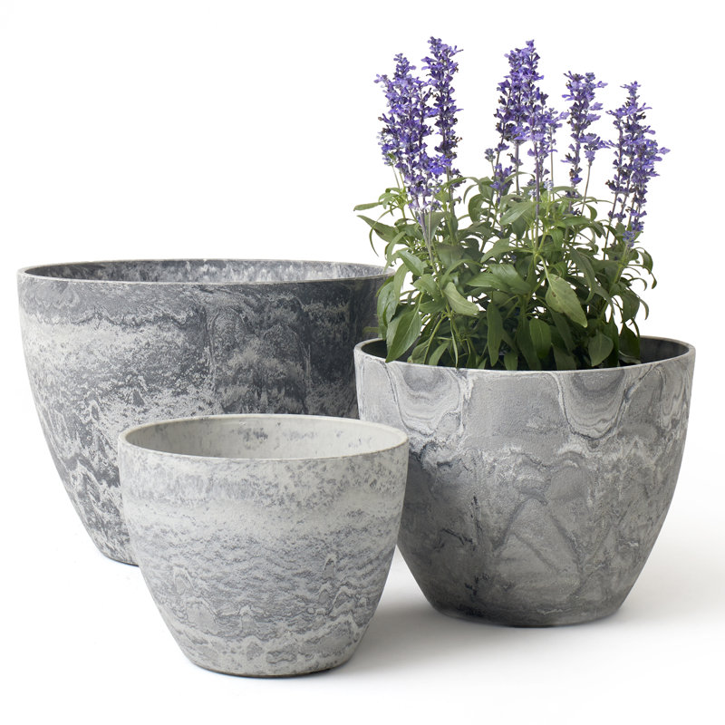 Ensemble de 3 pots à fleurs en plastique pour plantes d'extérieur Nova, Motif de marbre