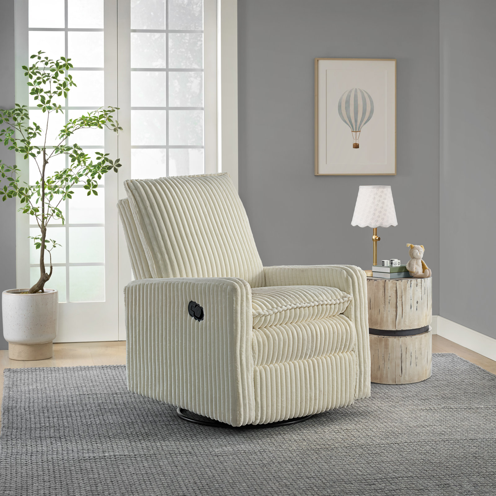 Uptown 360-Degree Swivel Glider Recliner, Pearl White Corduroy