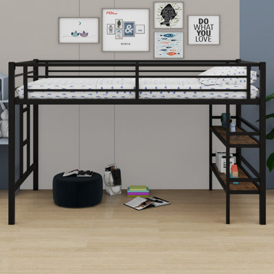 Metal Loft Bed With Storage Shelf, Ladder And Guardrails by 17 Stories