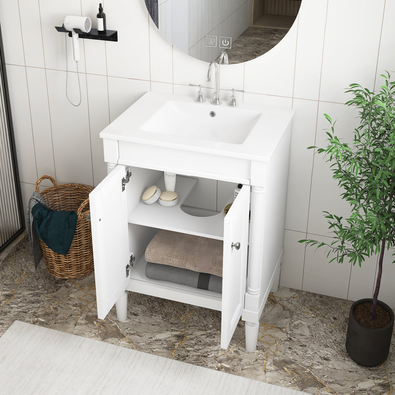 Meuble-lavabo en panneau de fibres à densité moyenne avec lavabo supérieur, armoire de rangement moderne à 2 niveaux, meuble-lavabo simple, grandes tablettes de rangement