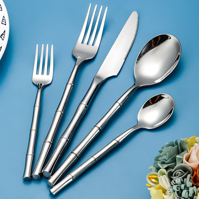 Ensemble de couverts 30 pièces en acier inoxydable à poignée en bambou 304 - Couteau à steak, fourchette et cuillère pour le restaurant, l'hôtel et la maison