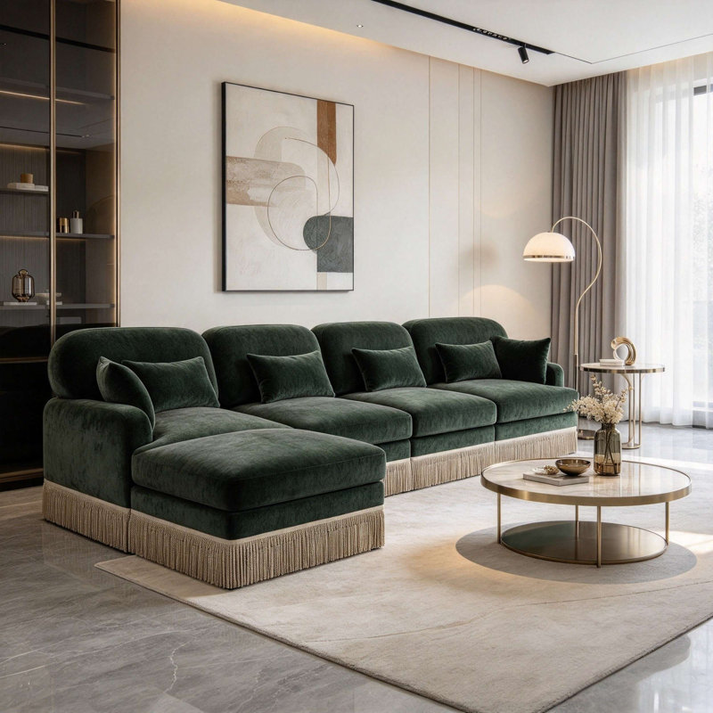 Canapé à 3 places à imprimé léopard Wilroy Chenille, canapé modulaire moderne, repose-pieds mobile, Dark Green