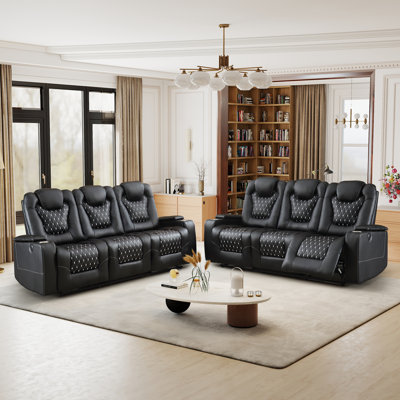 Nikula 81.5'' Luxury Faux Leather Home Theater Sofa With Cup Holder & Arm Storage & USB (Set Of 2)