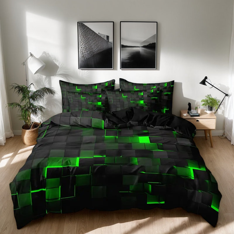 Ensemble de literie Shenglei en microfibre à imprimé géométrique vert et noir avec 2 taies d'oreiller, format Queen, 3 pièces (garnitures non comprises)