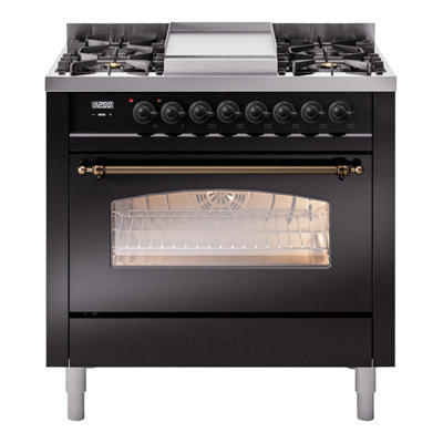 Cuisinière ILVE Nostalgie II Series 36 po à double combustible avec 6 brûleurs scellés, plaque de cuisson (propane liquide, porte vitrée)