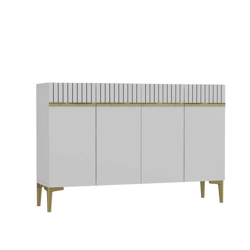 Console moderne avec capacité de fixation murale, blanc et or, panneau de particules enduit de mélamine à 100%, épaisseur de 0,7 pouce | Comprend plusieurs tablettes pour des solutions de rangement élégantes