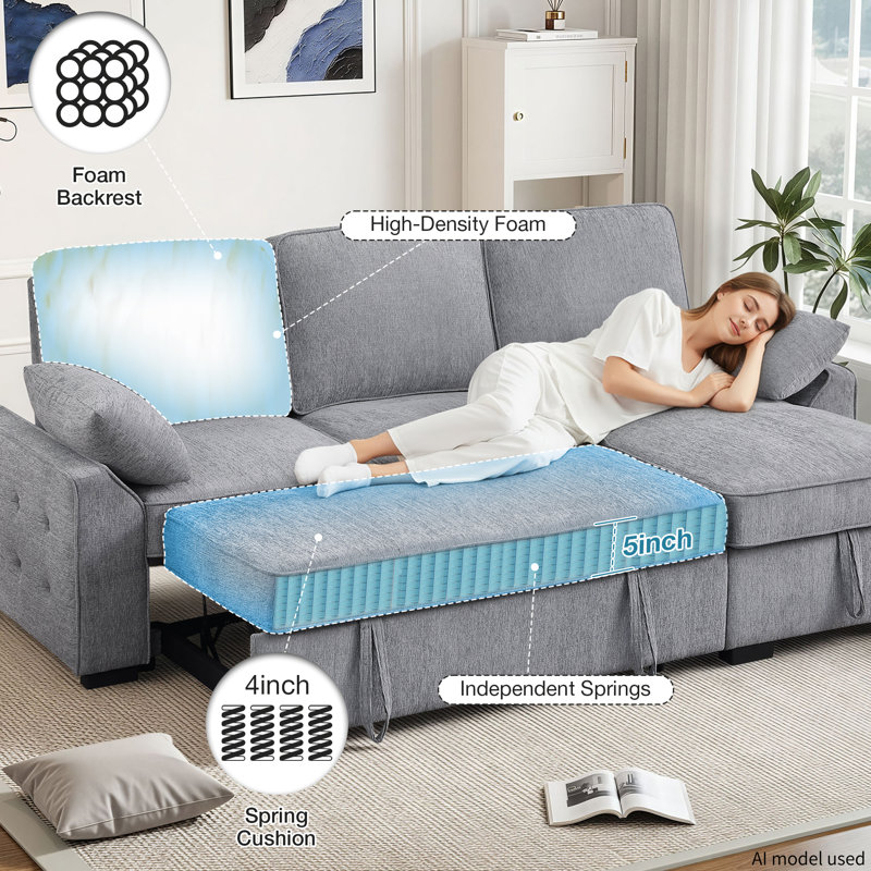 Canapé-lit modulaire convertible 92 po en chenille escamotable avec méridienne réversible et dossier rabattable, charge USB, porte-gobelets et rangement