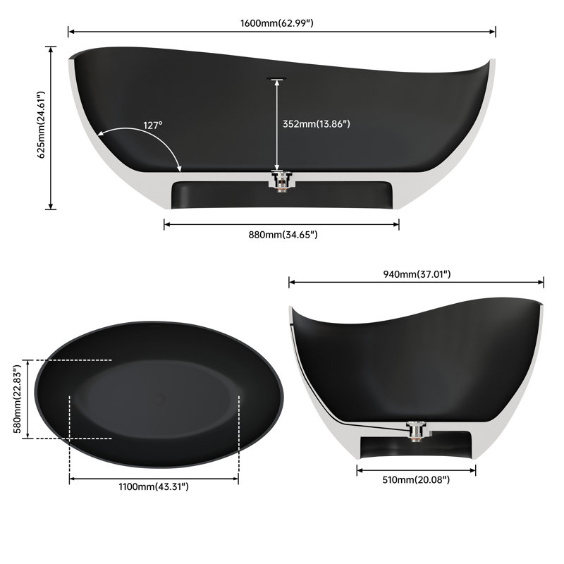 Baignoire de trempage autoportante à surface solide en résine Forma, Matte Black