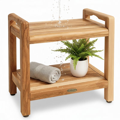  Banc de douche en teck EcoDecors l 20 po Classic, avec tablette intégrée, avec accoudoirs LiftAid, en teck terreux