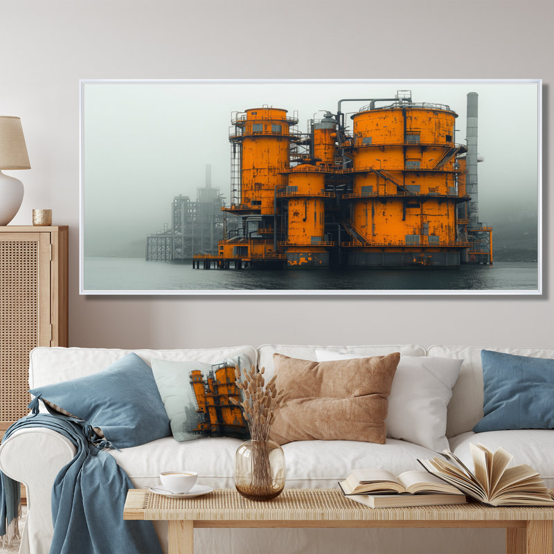 Impression d'art mural jaune et gris Urban Oasis Factories I - Factories, Toile encadrée flottée blanche