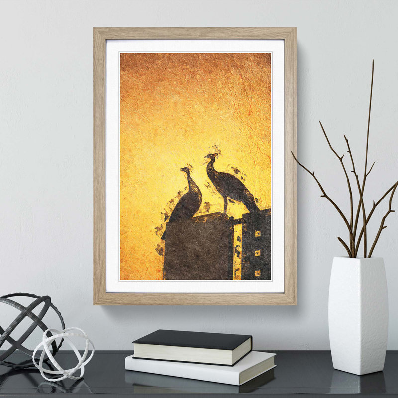 Silhouette of Two Peacocks in Abstract - Picture Frame Painting Print, 65cm H x 48cm W x 2cm D, Oak Framed