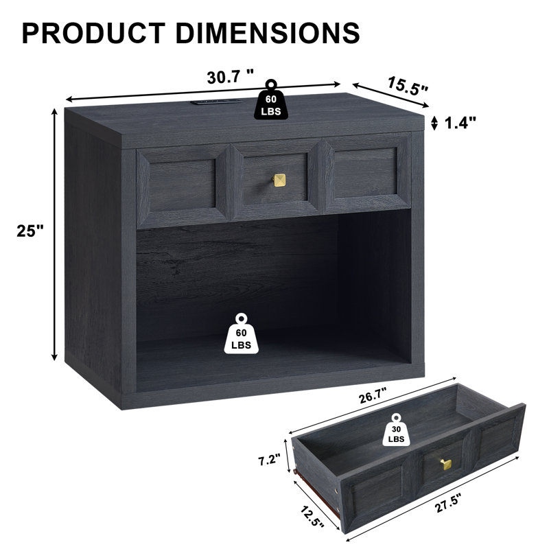 30.7inch Farmhouse 1 Drawer Nightstand And 1 Open Storage Cabinet, Black - 2PCS, Black, Set of 2