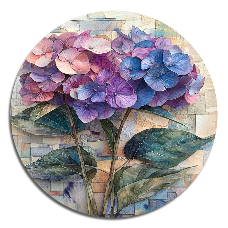Collage abstrait floral d'hortensia II - hydrangées, art mural rond en métal, H 16 po x l 16 po