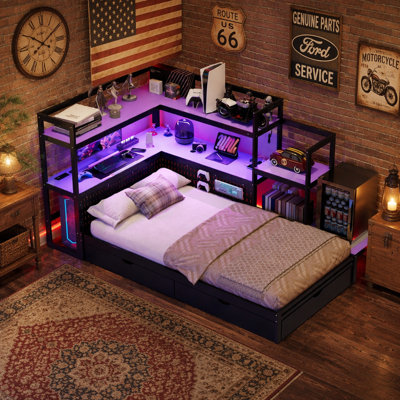 Daybed with Integrated Desk and LED Light, Wooden Bed Frame with Storage Drawers and Built-in Charging Station