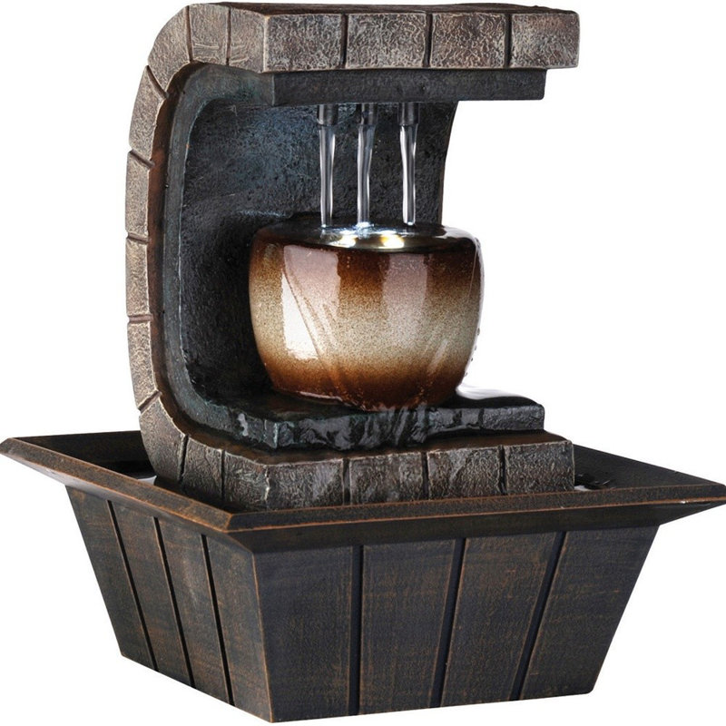 Fontaine de table en polyrésine texturée brune 10 "avec lumière DEL Fabrianne