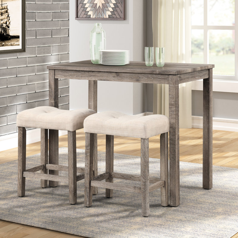 2 tabourets de hauteur comptoir en taupe, bouton avec rembourrage de siège et repose-pieds, 2 tabourets avec structure en bois massif, repose-pieds profilés taupe, bois d'hévéa
