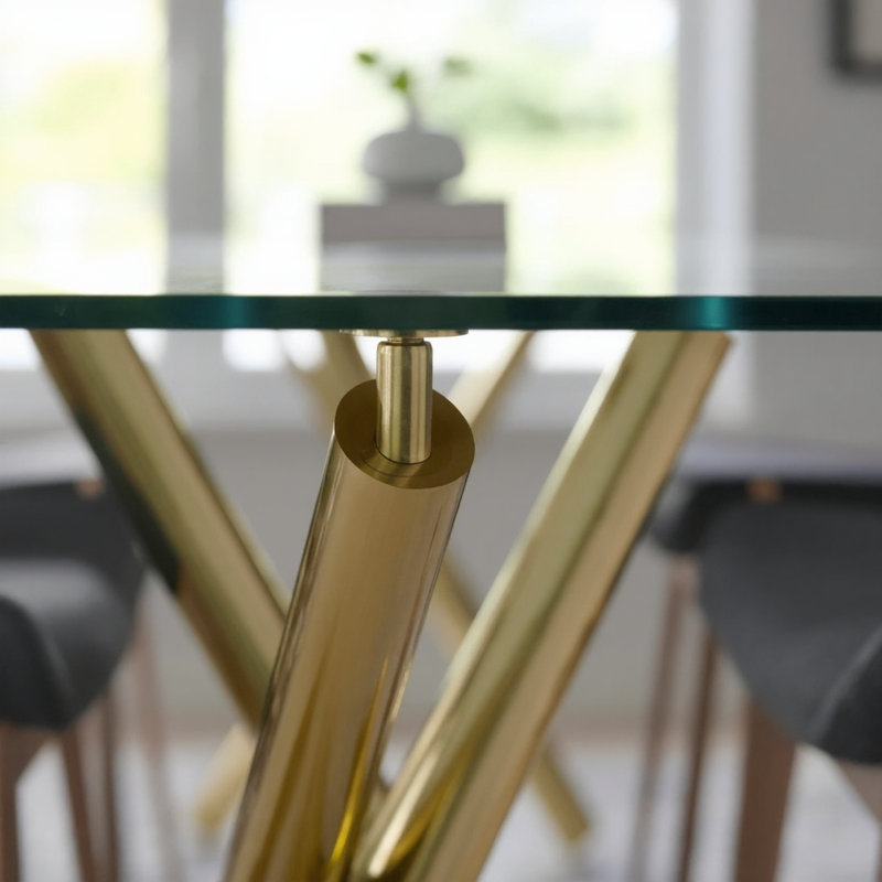 Grande table de salle à manger rectangulaire en verre avec plateau trempé épais et pieds en métal doré de luxe