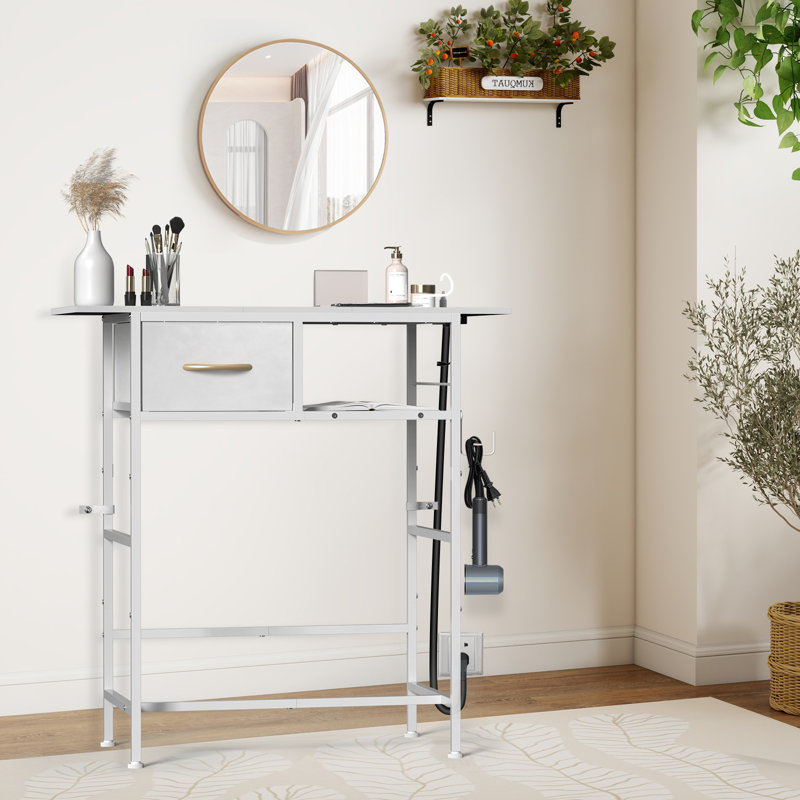 31.5 Inch Vanity Desk With Charging Station, White Makeup Vanity Table With Fabric Drawer And Open Storage