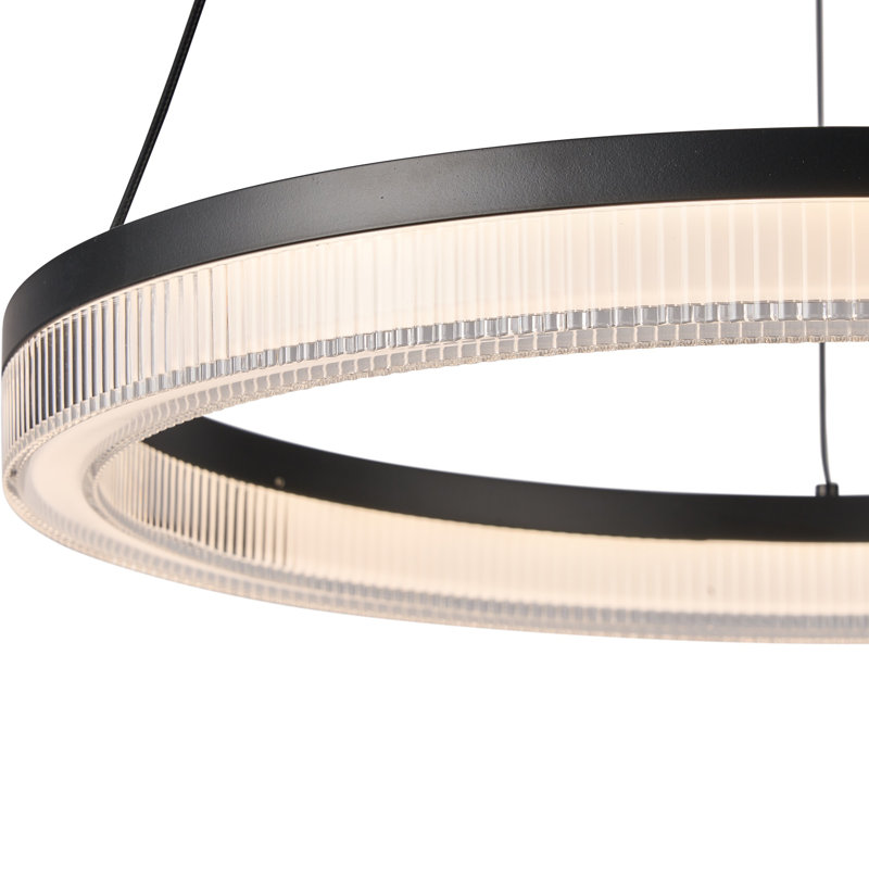 Granados - Luminaire suspendu DEL intégré - Finition noire - Abat-jour diffuseur côtelé transparent - P 15,8 po x l 15,8 po x H 2,13 po
