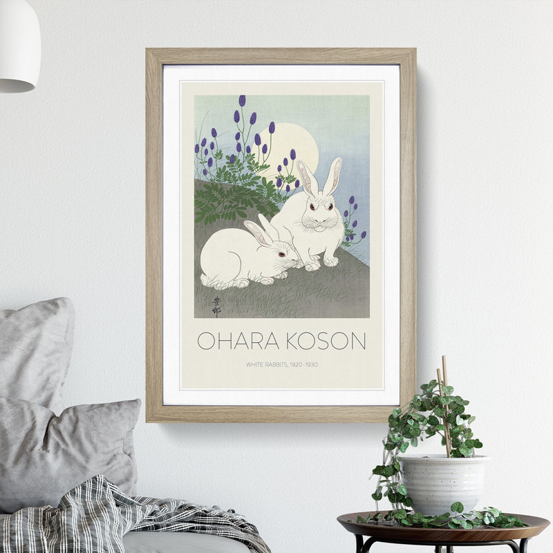 Rabbits at Full Moon Print by Ohara Koson - Framed Print, Oak Framed, 36cm H x 27cm W x 2cm D