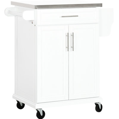 Kitchen Cart With Stainless Steel Surface, Drawer, Towel Rack, Spice Rack And Storage, White Portable Island Desk Top,