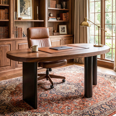 70.87" Oval Natural Wood Executive Writing Desk, 3 Thick Solid Wood Legs Work Table with Rounded Anti-Collision Edge, Waterproof Scratch Resistant Home Office Desk