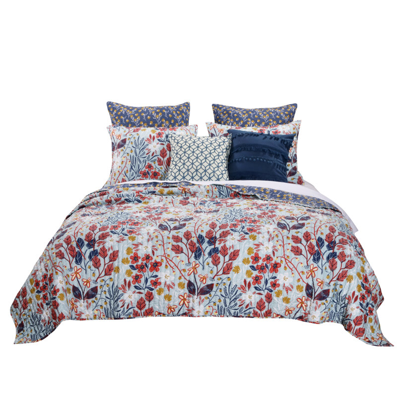 Slate Blue Floral Reversible Microfiber Full Quilt Set