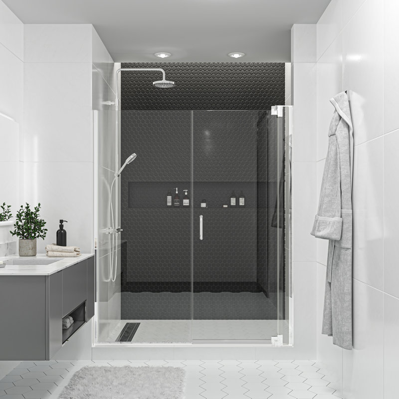  Verre trempé transparent Flex X Duo de 63 à 66 po x 72 po avec porte de douche 3/8 po et 5/16 po Flex X, Chrome poli