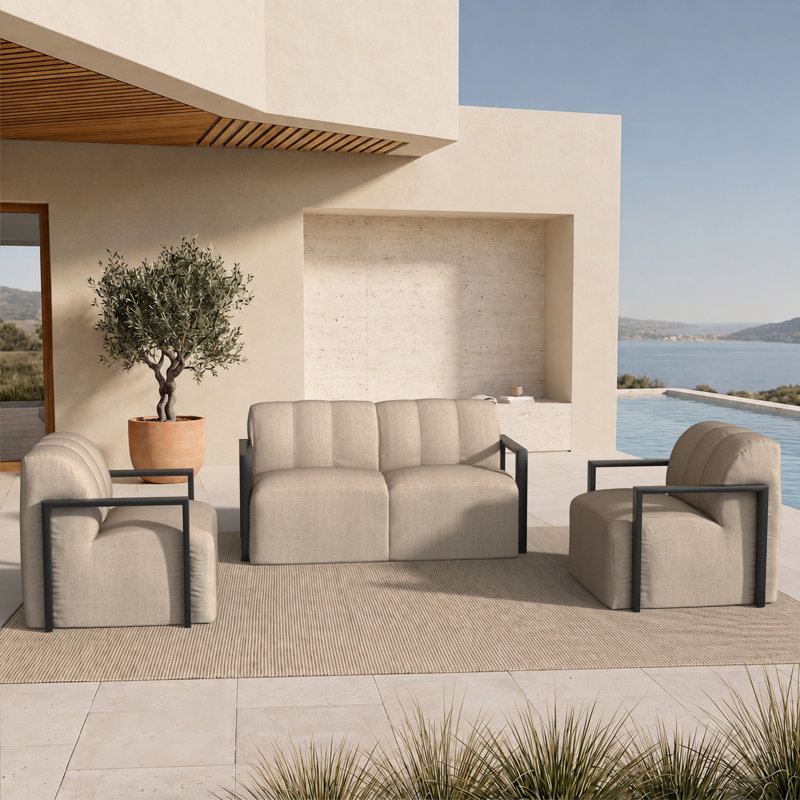 Ensemble de patio moderne 4 pièces en aluminium à structure ouverte, comprenant des chaises et un canapé deux places rembourrés avec coussins Sunbrella