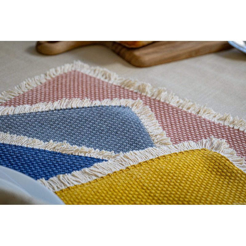 Ochre Yellow Cotton Woven Rectangle Placemats with Fringe Trim - Set of 4