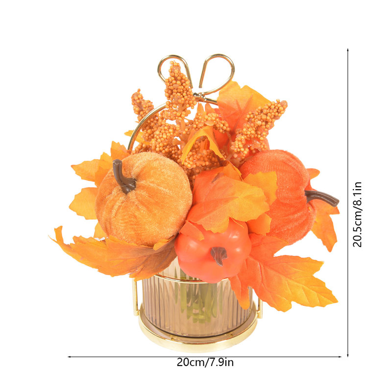 Décoration d'automne : citrouille artificielle, arrangement de feuilles d'érable, centre de table floral Mini Harvests avec panier en métal, ornement de table d'automne pour la maison