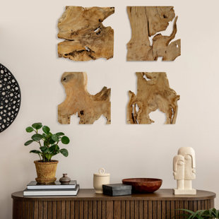 Ensemble de 4 pièces d'art mural en bois rustique, 12 po x 12 po, décoration murale géométrique abstraite, suspendue irrégulièrement à la main pour le salon, la chambre à coucher, le bureau, naturel