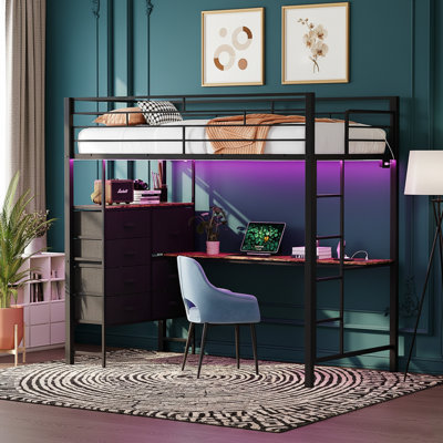 Full Size Metal Loft Bed With Desk,7 Drawers,LED Light,Charging Station