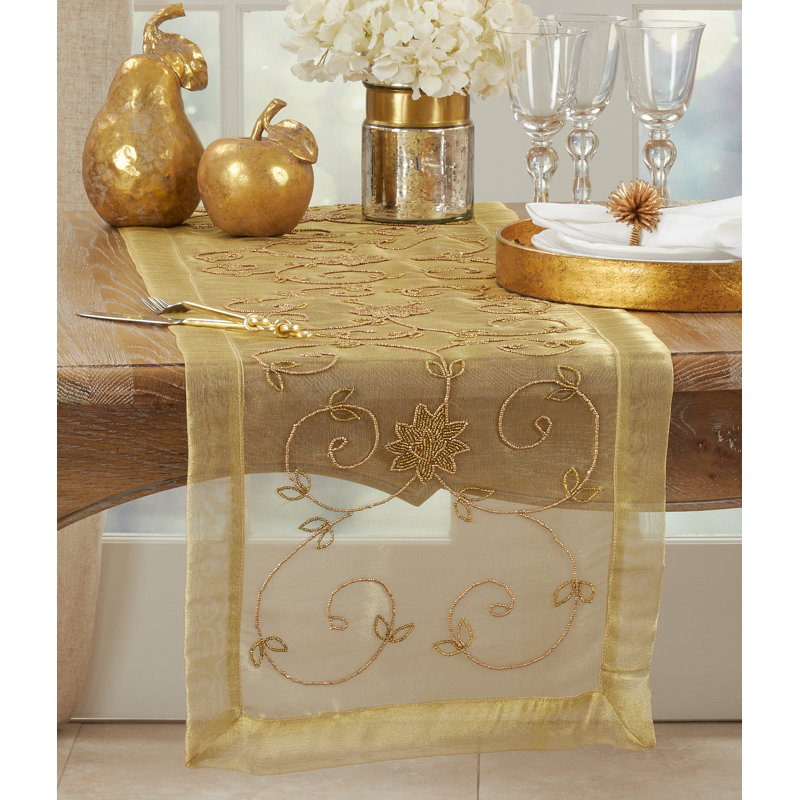 Beaded Design Handmade Table Runner, Gold