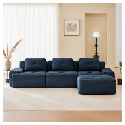 L-Shaped Modular Sectional Sofa, Corduroy 3-Seater Couch with Movable Ottoman