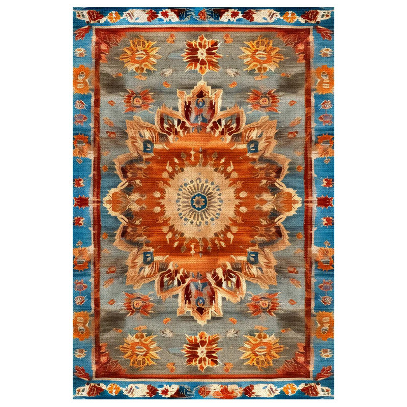 Nouvelle Collection Digital Print Cotton-Polyester Orange Blue Moroccan Rug, Runner 2'8" x 6'7"