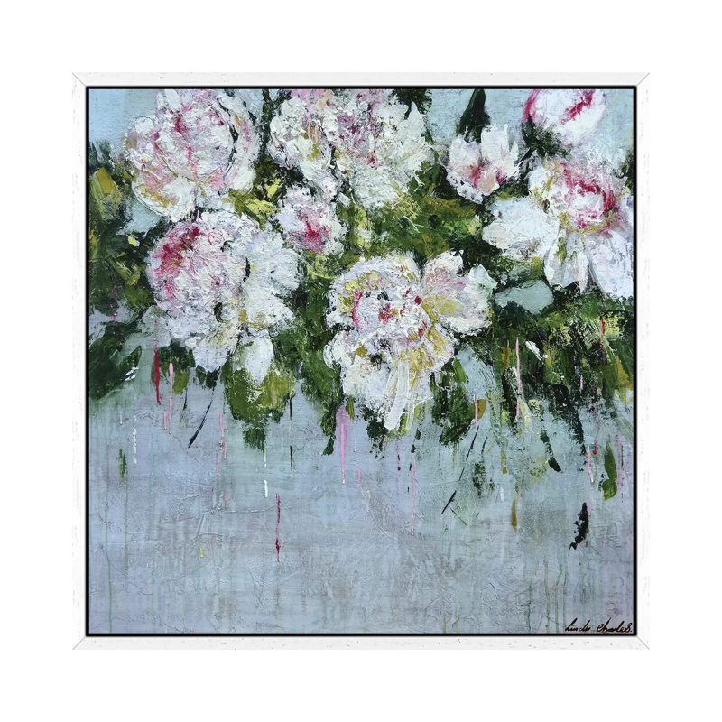 White Peonies by Linda Charles - Painting on Canvas, 45.72cm H x 45.72cm W x 3.81cm D, White Floater Framed
