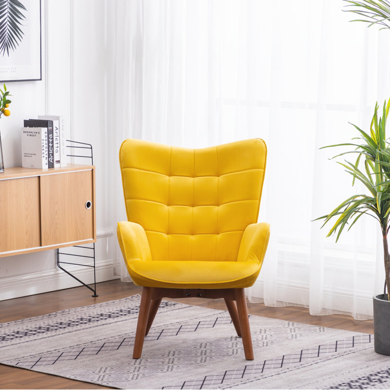 Fauteuil d'appoint contemporain capitonné en velours soyeux avec repose-pieds, jaune, Jaune