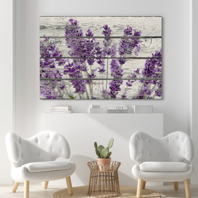 Purple Lavender Flowers On Wood Effect Background Artwork, Retro Rustic Wall Pictures, Large Framed Canvas Giclée Print Wall Art