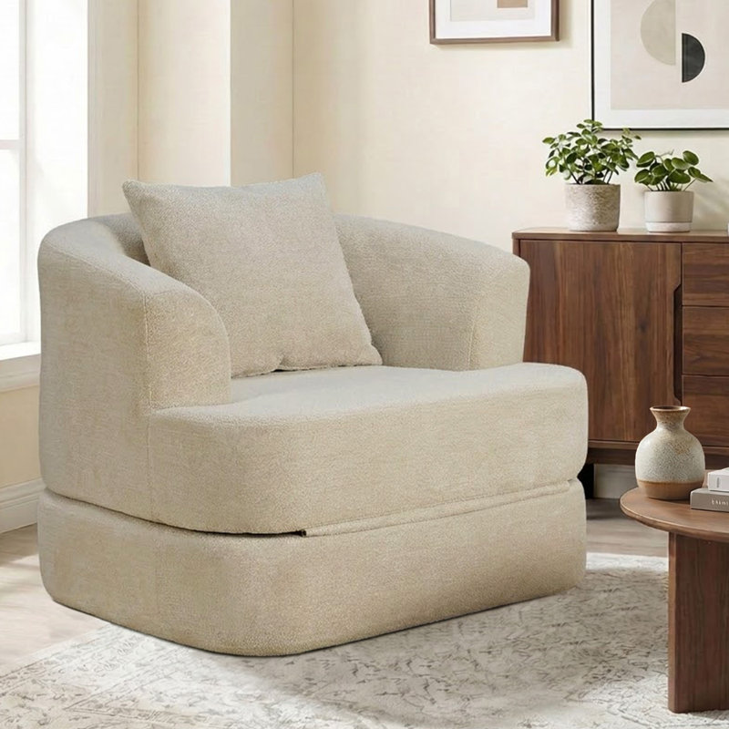 Fauteuil demi-tonneau d'appoint convertible surdimensionné rembourré, Khaki Chenille