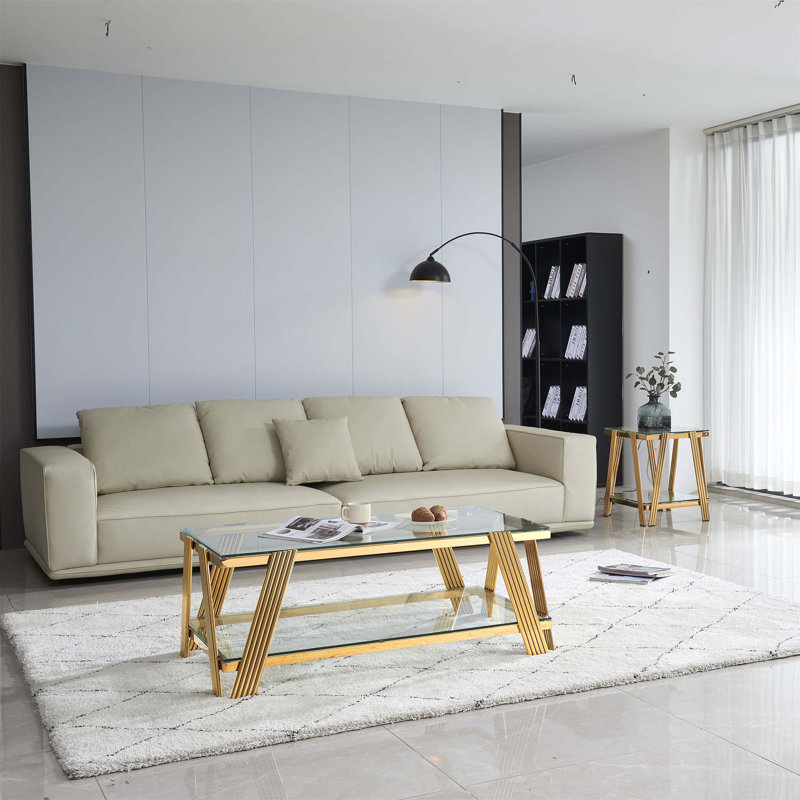 Ensemble de 2 tables basses Modern en acier inoxydable, verre trempé transparent double couche, pour le salon et le bureau