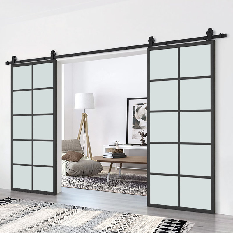 72 in. x 84 in. Black Aluminum Frame Frosted Glass Double Sliding Barn Door